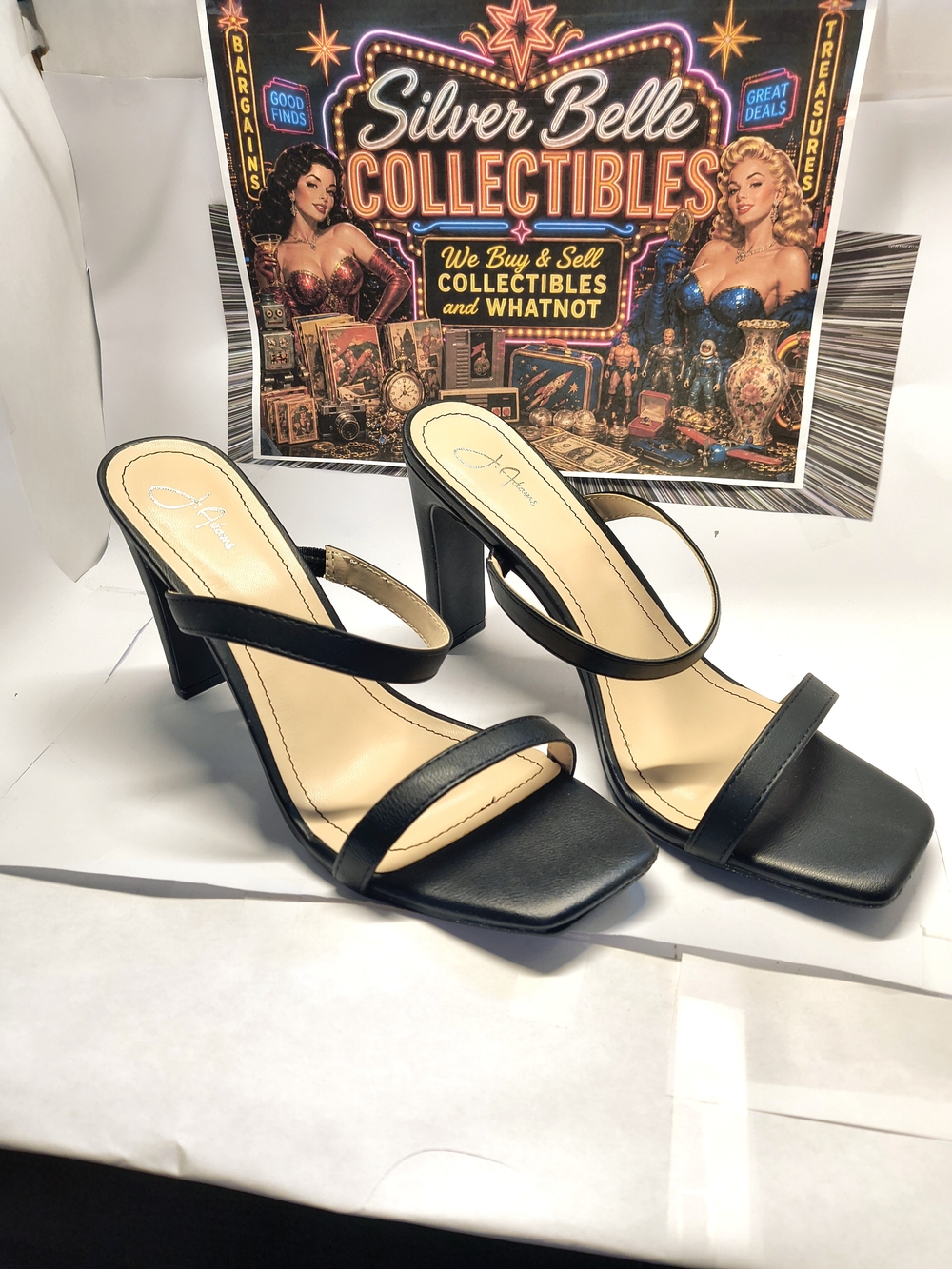 J Adams Saint Black Thong Mule Heels Size 11 NIB Square Toe
